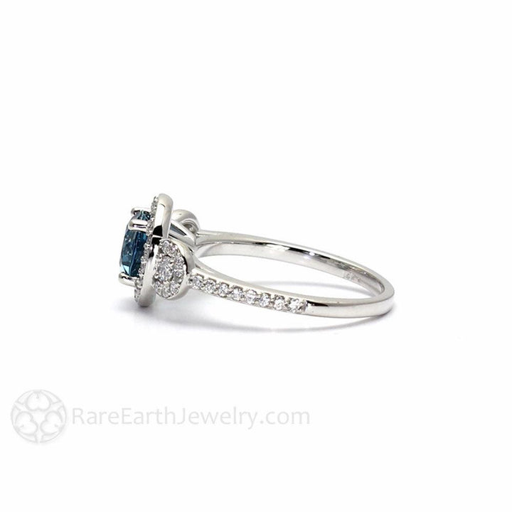 London Blue Topaz Engagement Ring | 3 Stone Halo with Diamonds | December Birthstone, Rare Earth Jewelry