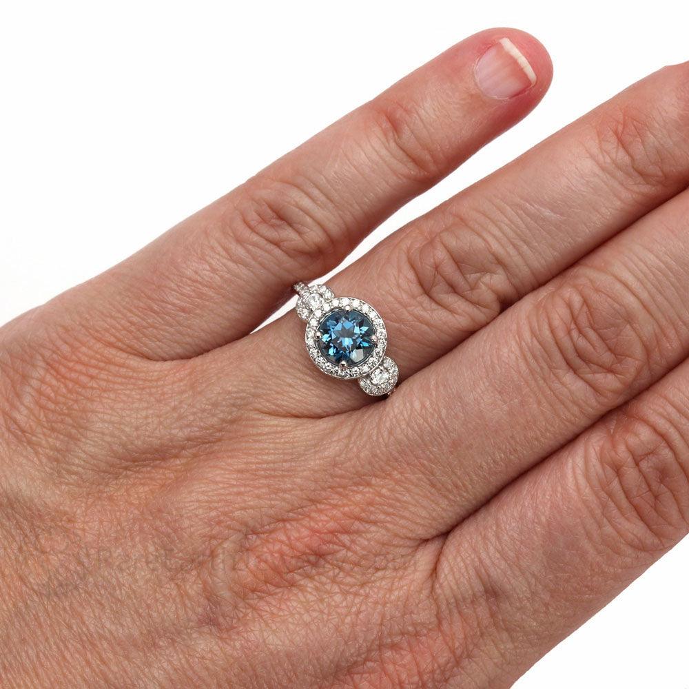 London Blue Topaz Engagement Ring | 3 Stone Halo with Diamonds | December Birthstone, Rare Earth Jewelry