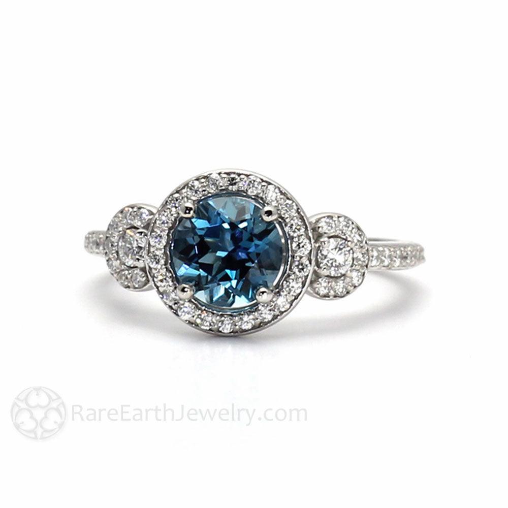 London Blue Topaz Engagement Ring | 3 Stone Halo with Diamonds | December Birthstone, Rare Earth Jewelry