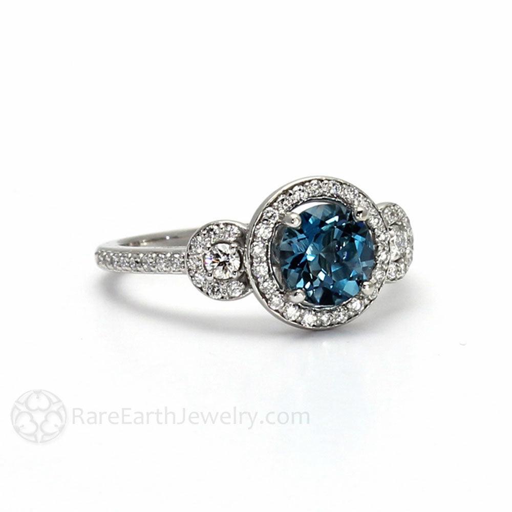 London Blue Topaz Engagement Ring | 3 Stone Halo with Diamonds | December Birthstone, Rare Earth Jewelry