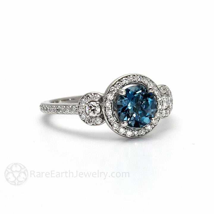 London Blue Topaz Engagement Ring | 3 Stone Halo with Diamonds | December Birthstone, Rare Earth Jewelry