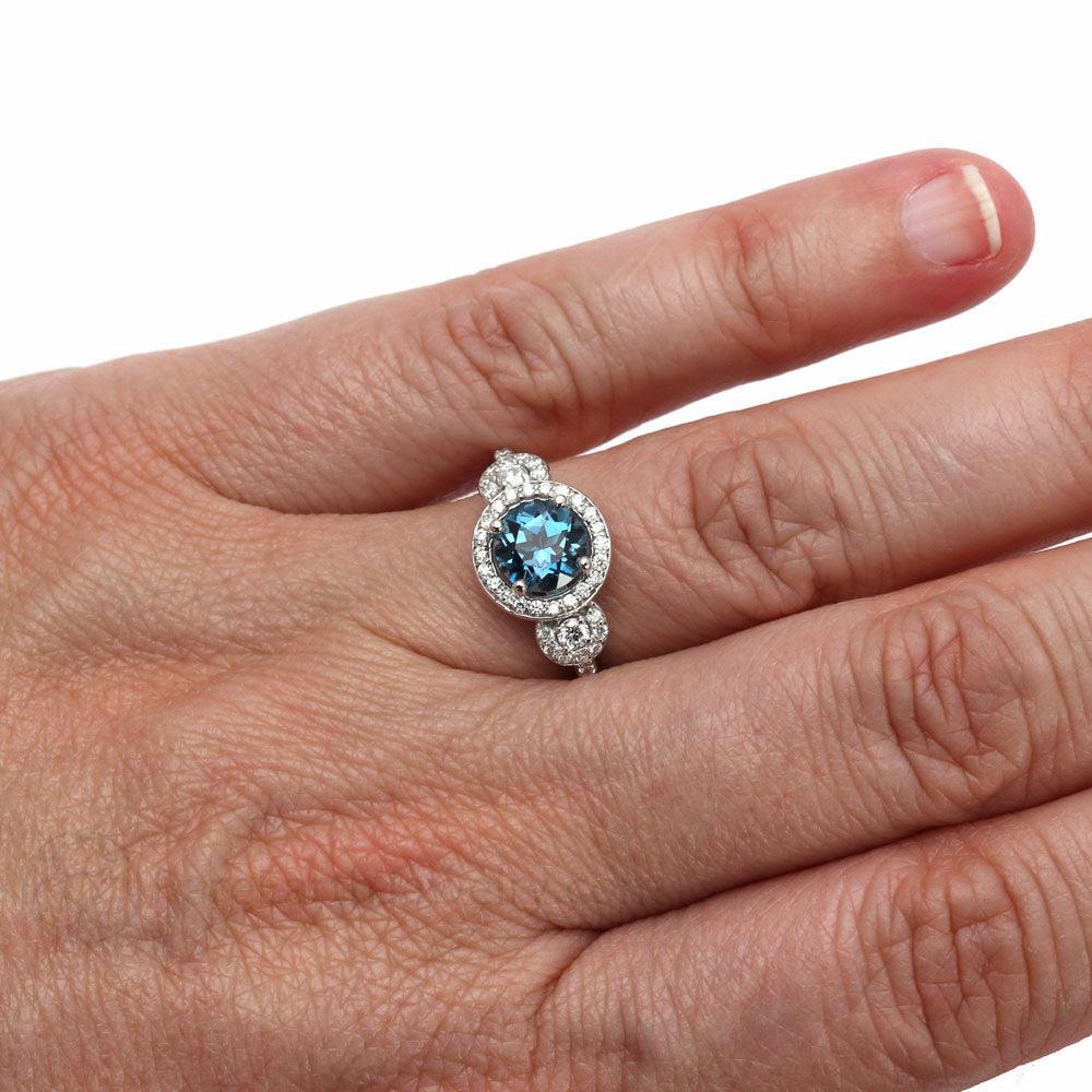 London Blue Topaz Engagement Ring | 3 Stone Halo with Diamonds | December Birthstone, Rare Earth Jewelry