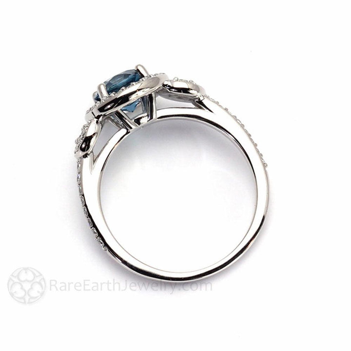 London Blue Topaz Engagement Ring | 3 Stone Halo with Diamonds | December Birthstone, Rare Earth Jewelry