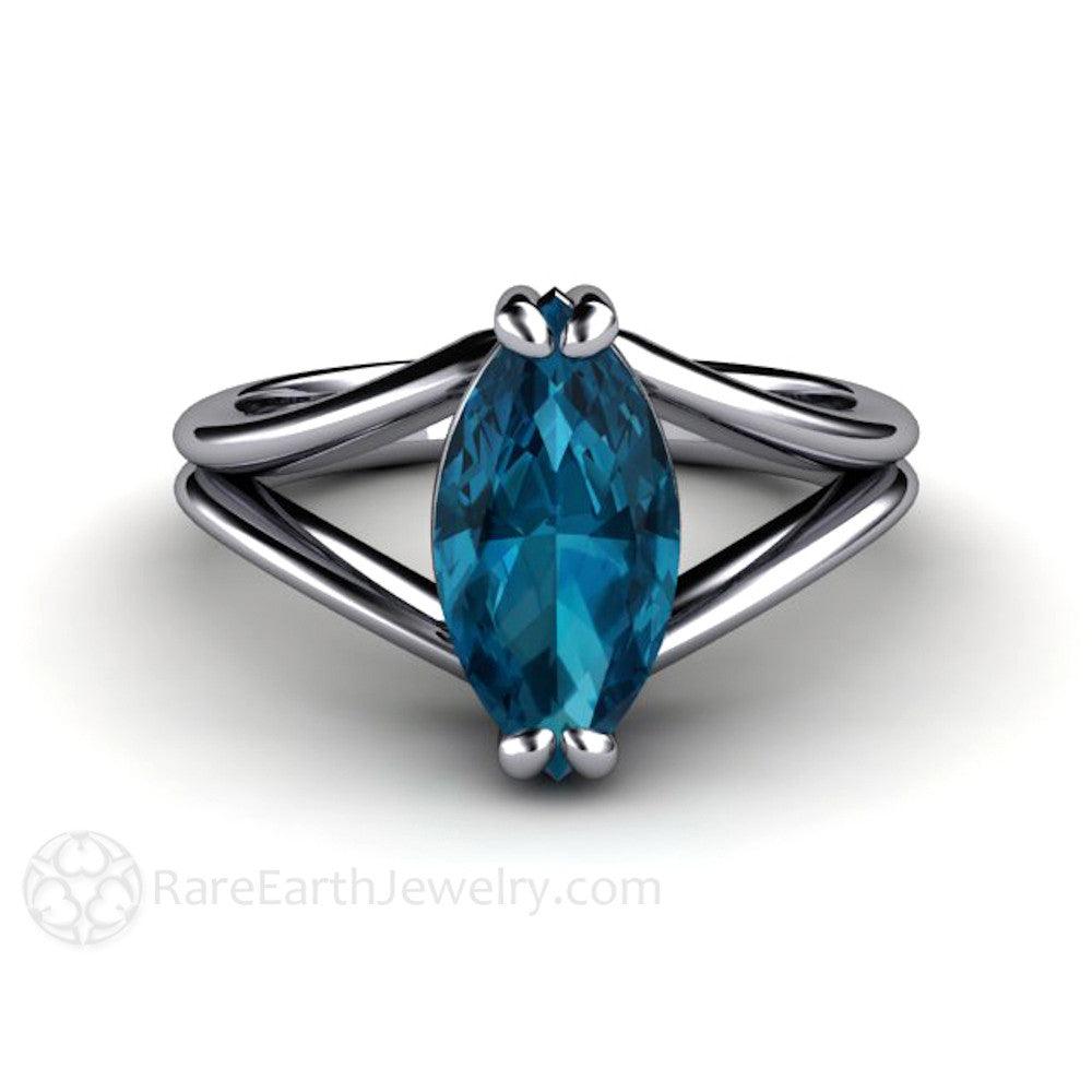 Marquise Cut London Blue Topaz Ring | Modern Split Shank, Rare Earth Jewelry