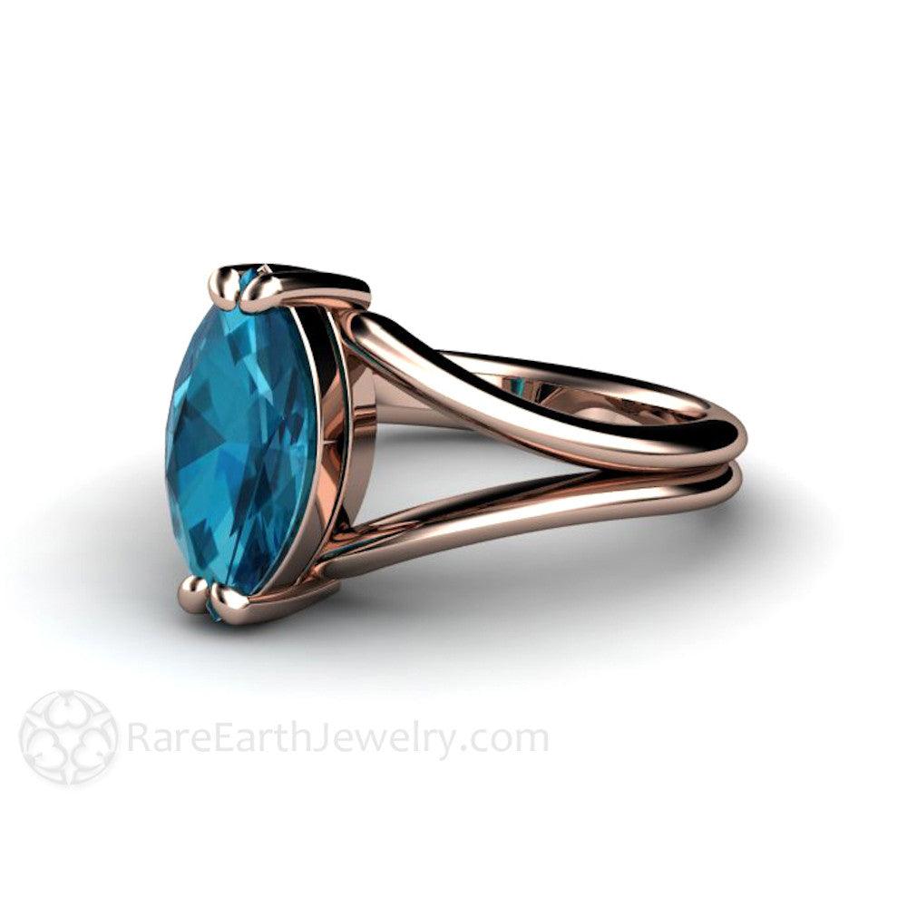 Marquise Cut London Blue Topaz Ring | Modern Split Shank, Rare Earth Jewelry