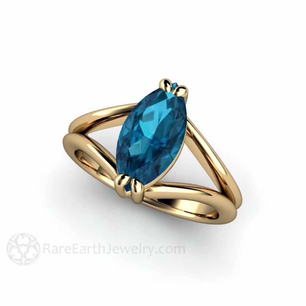 Marquise Cut London Blue Topaz Ring | Modern Split Shank, Rare Earth Jewelry