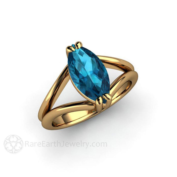 Marquise Cut London Blue Topaz Ring | Modern Split Shank, Rare Earth Jewelry