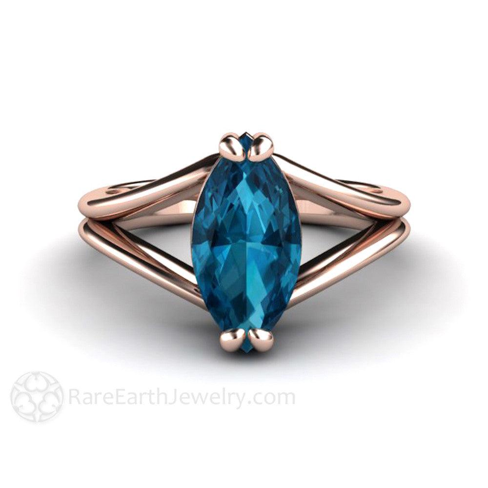 Marquise Cut London Blue Topaz Ring | Modern Split Shank, Rare Earth Jewelry