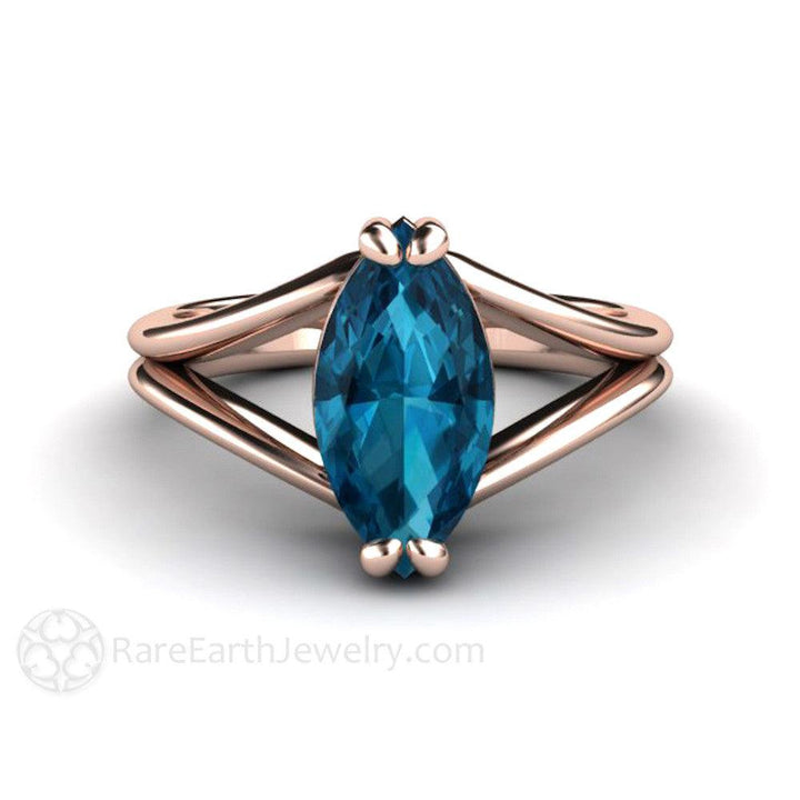 Marquise Cut London Blue Topaz Ring | Modern Split Shank, Rare Earth Jewelry