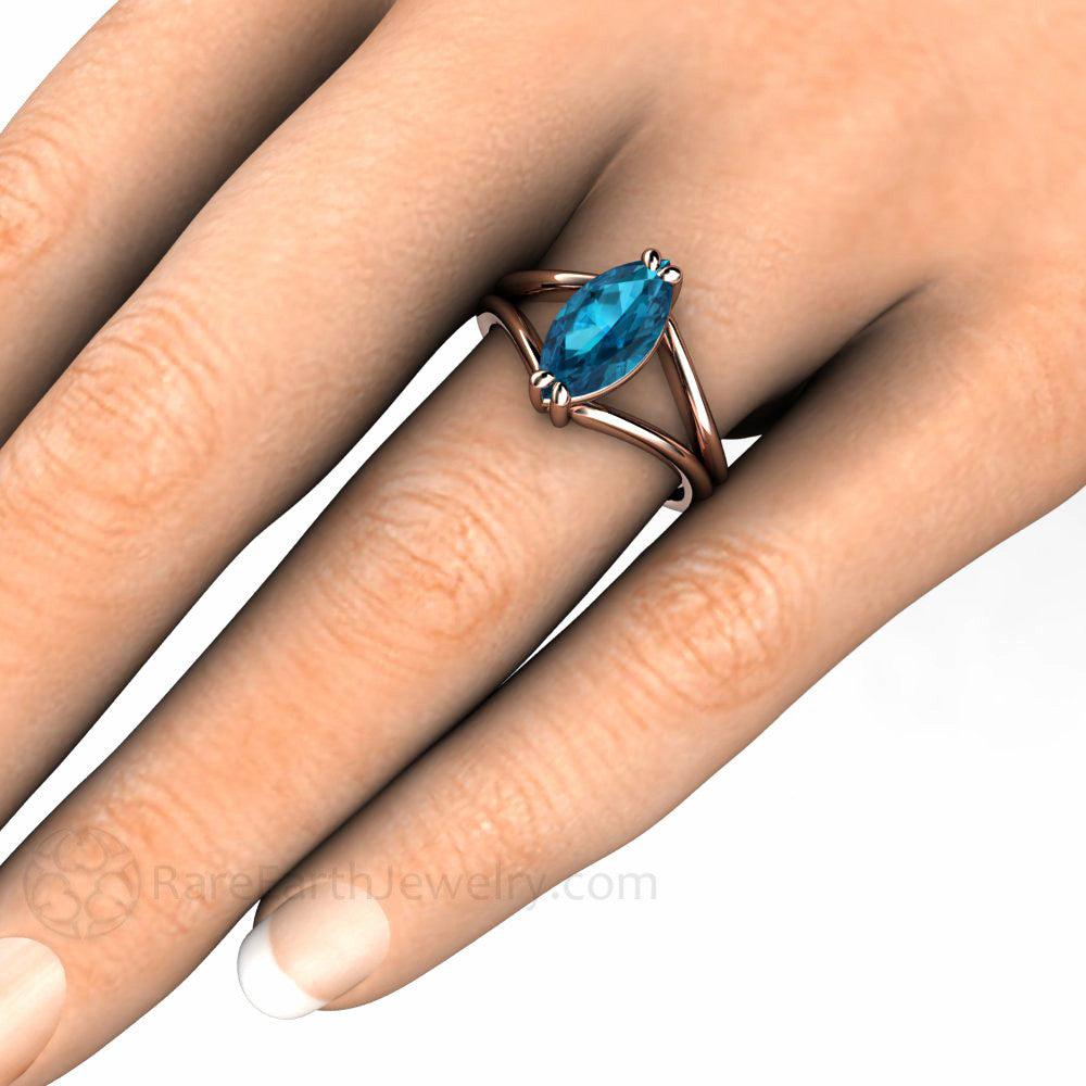 Marquise Cut London Blue Topaz Ring | Modern Split Shank, Rare Earth Jewelry