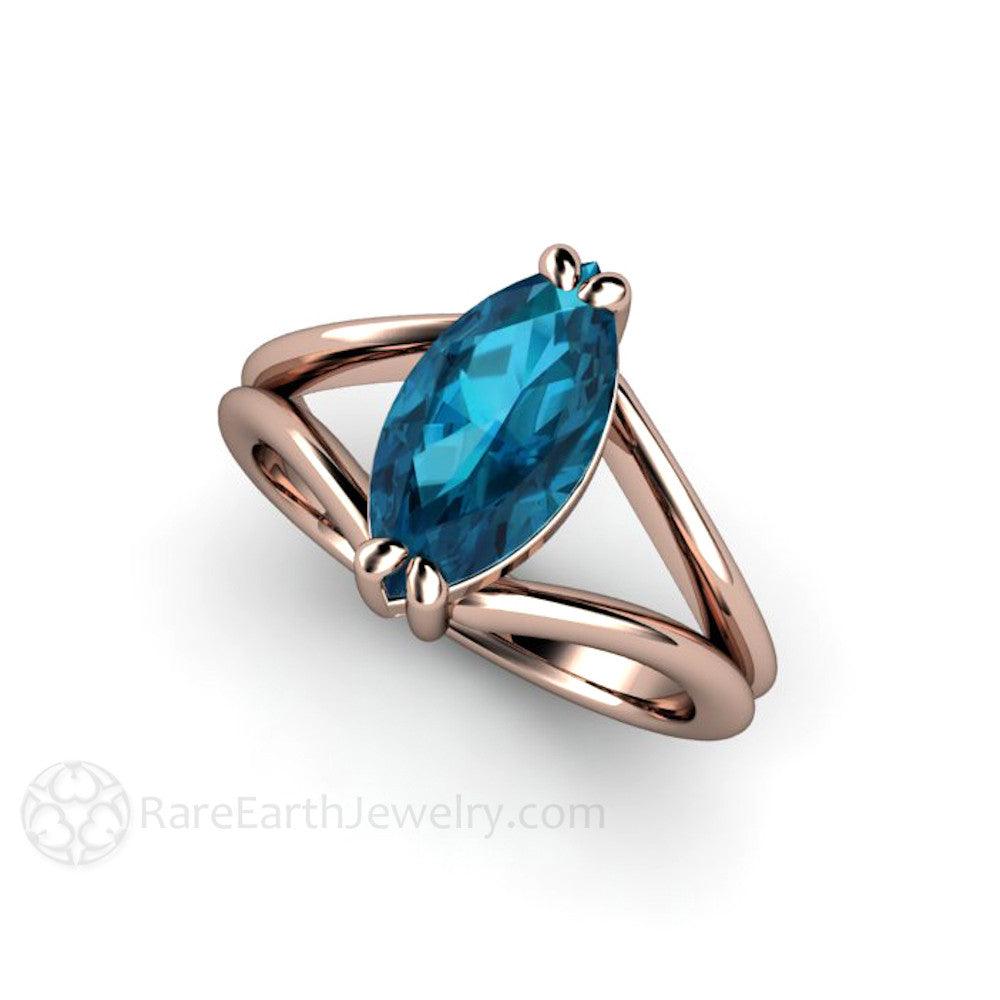 Marquise Cut London Blue Topaz Ring | Modern Split Shank, Rare Earth Jewelry