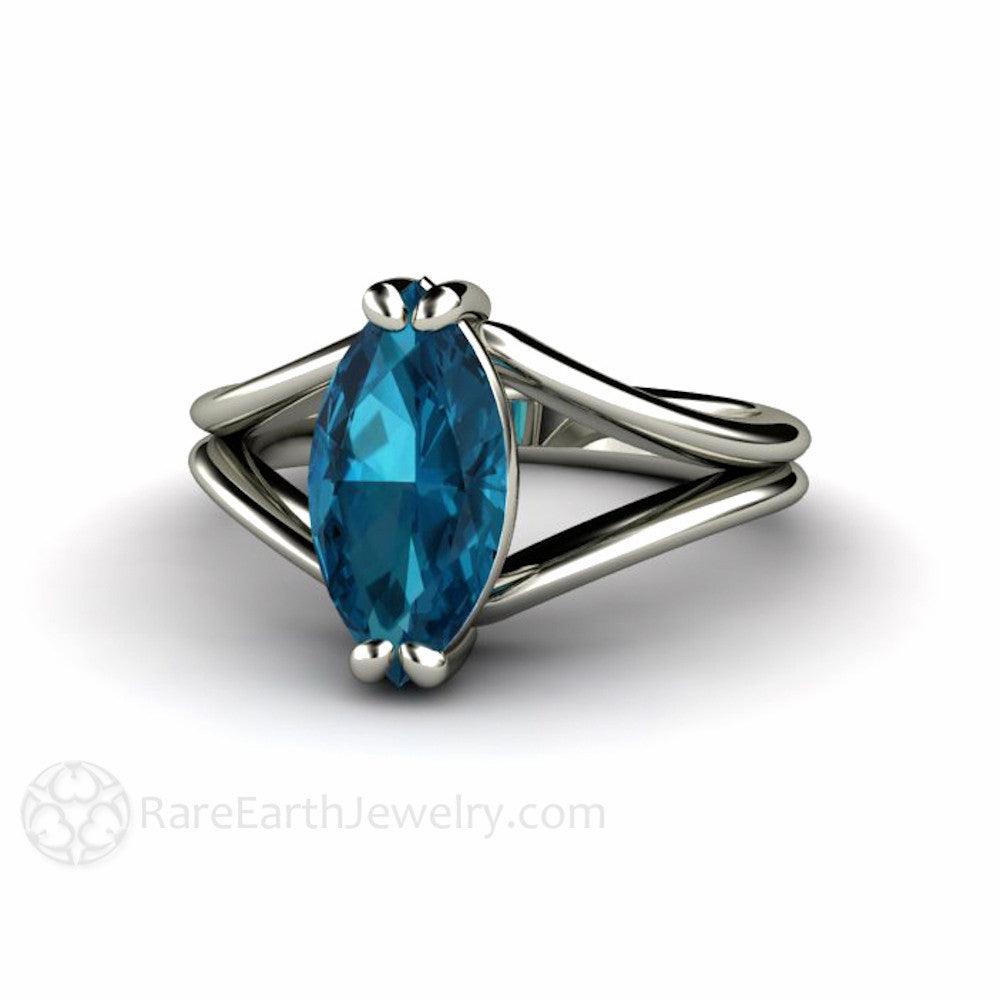 Marquise Cut London Blue Topaz Ring | Modern Split Shank, Rare Earth Jewelry