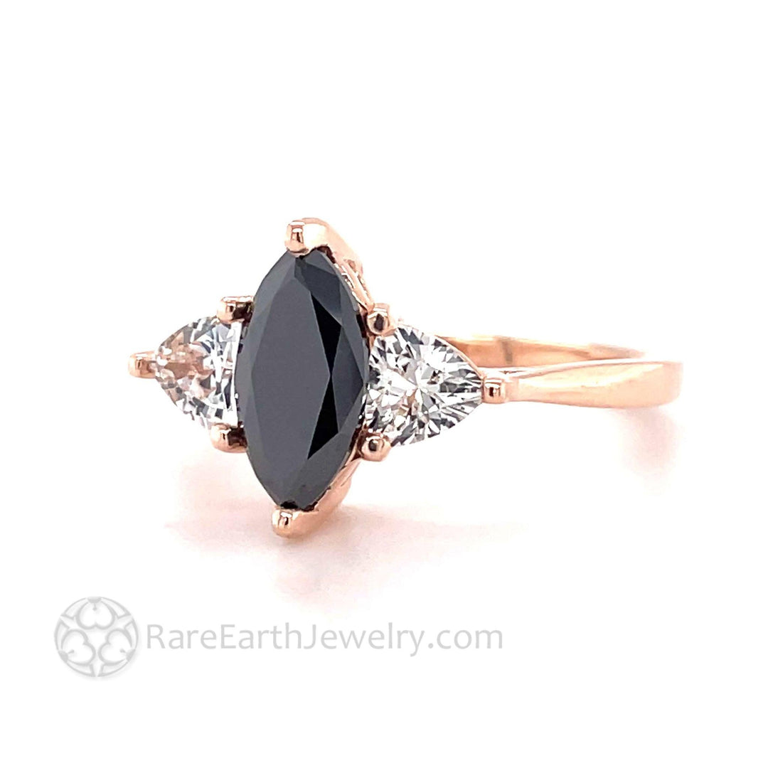Marquise Black Diamond Engagement Ring | Vintage 3 Stone with White Sapphire Trillions, Rare Earth Jewelry