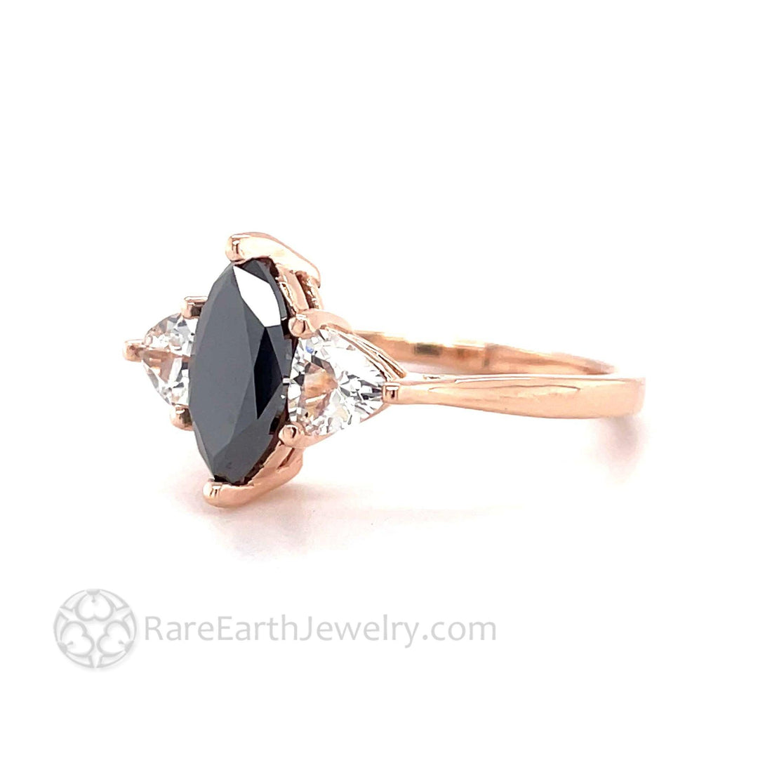 Marquise Black Diamond Engagement Ring | Vintage 3 Stone with White Sapphire Trillions, Rare Earth Jewelry