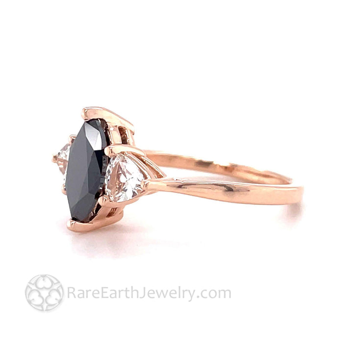 Marquise Black Diamond Engagement Ring | Vintage 3 Stone with White Sapphire Trillions, Rare Earth Jewelry