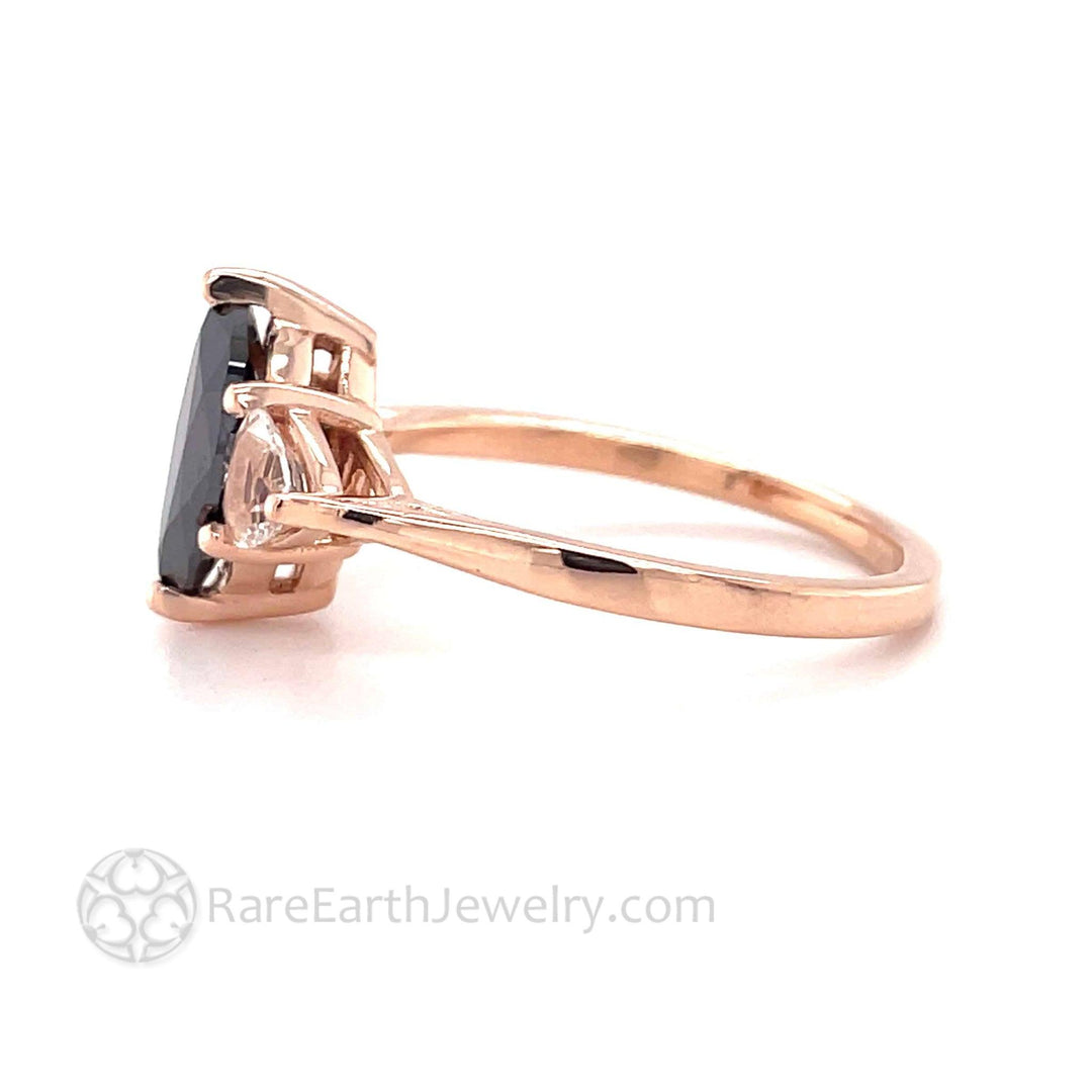 Marquise Black Diamond Engagement Ring | Vintage 3 Stone with White Sapphire Trillions, Rare Earth Jewelry