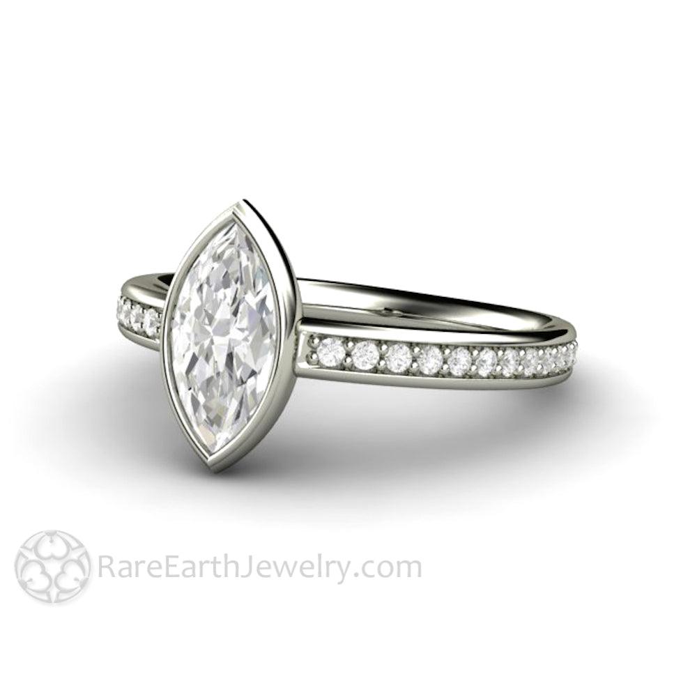 Marquise Moissanite Bezel Set Engagement Ring | Solitaire with Diamond Accents, Rare Earth Jewelry