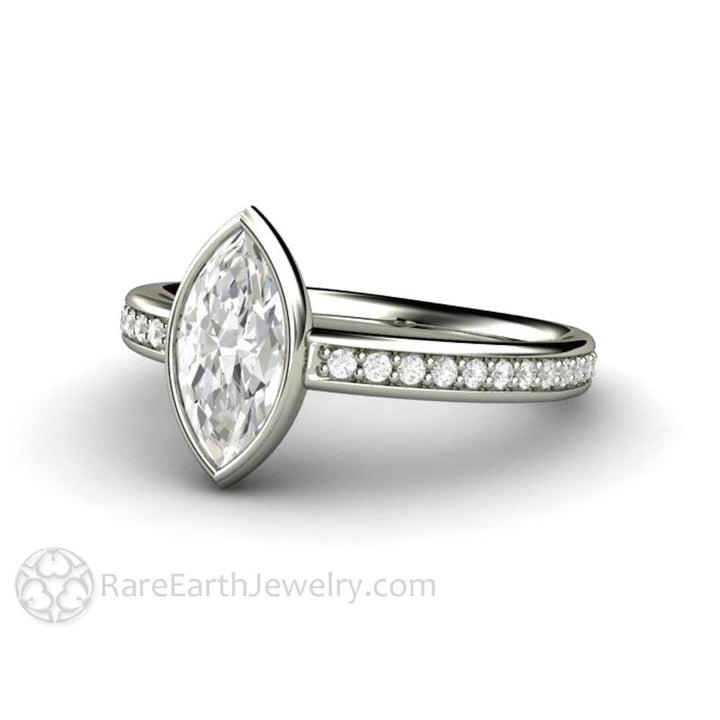 Marquise Moissanite Bezel Set Engagement Ring | Solitaire with Diamond Accents, Rare Earth Jewelry