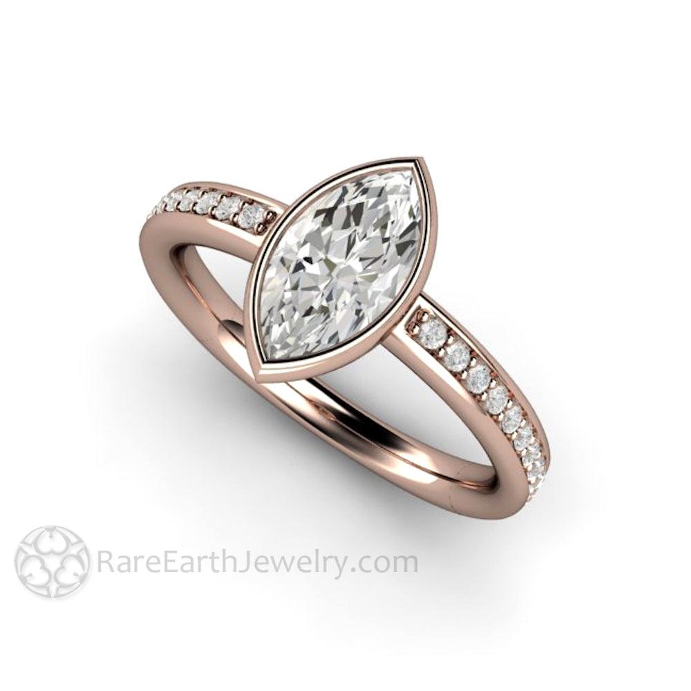 Marquise Moissanite Bezel Set Engagement Ring | Solitaire with Diamond Accents, Rare Earth Jewelry
