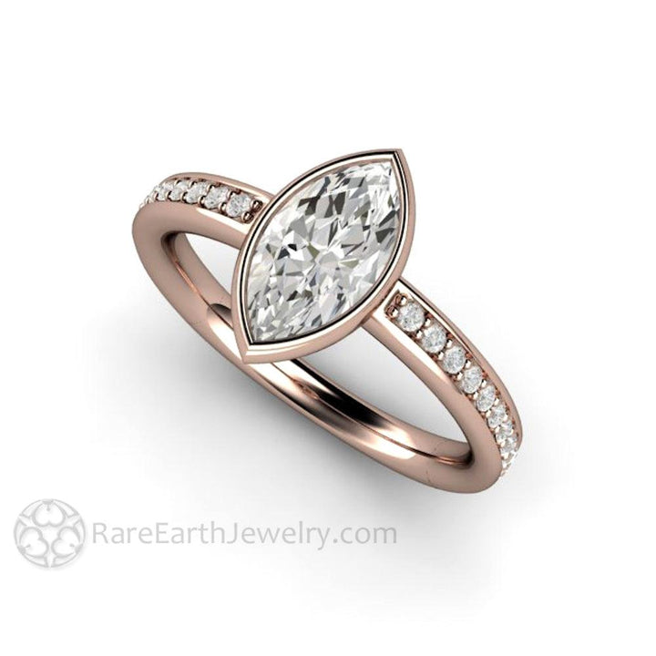 Marquise Moissanite Bezel Set Engagement Ring | Solitaire with Diamond Accents, Rare Earth Jewelry