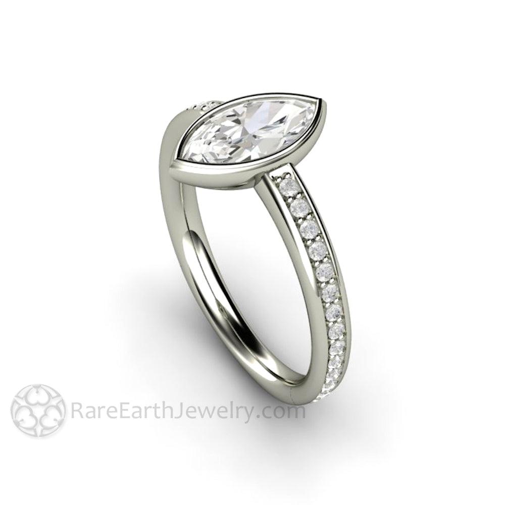 Marquise Moissanite Bezel Set Engagement Ring | Solitaire with Diamond Accents, Rare Earth Jewelry