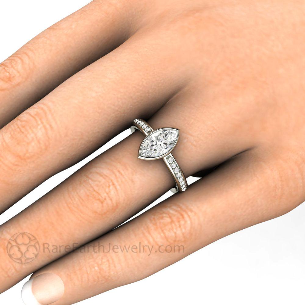 Marquise Moissanite Bezel Set Engagement Ring | Solitaire with Diamond Accents, Rare Earth Jewelry
