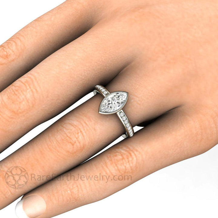 Marquise Moissanite Bezel Set Engagement Ring | Solitaire with Diamond Accents, Rare Earth Jewelry