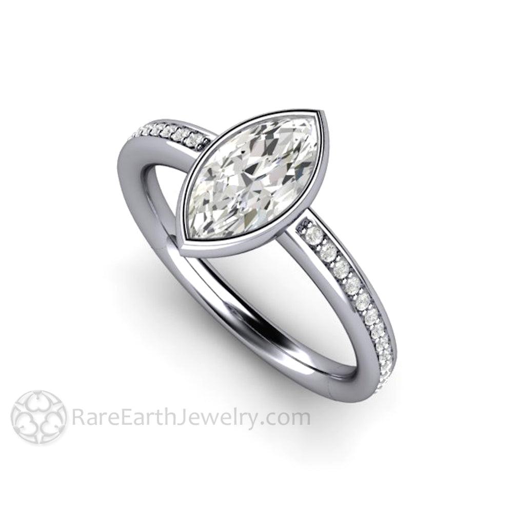 Marquise Moissanite Bezel Set Engagement Ring | Solitaire with Diamond Accents, Rare Earth Jewelry