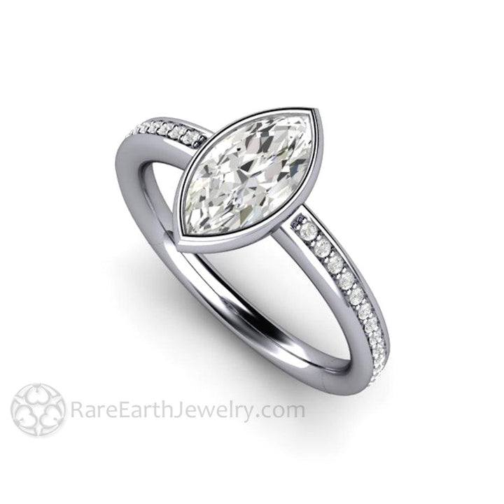 Marquise Moissanite Bezel Set Engagement Ring | Solitaire with Diamond Accents, Rare Earth Jewelry