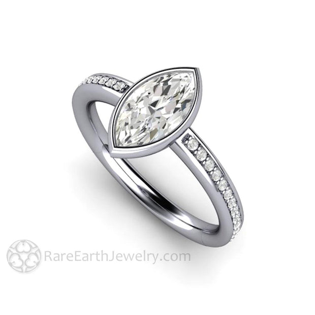 Marquise Cut Moissanite Engagement Ring Bezel Setting Platinum - Rare Earth Jewelry