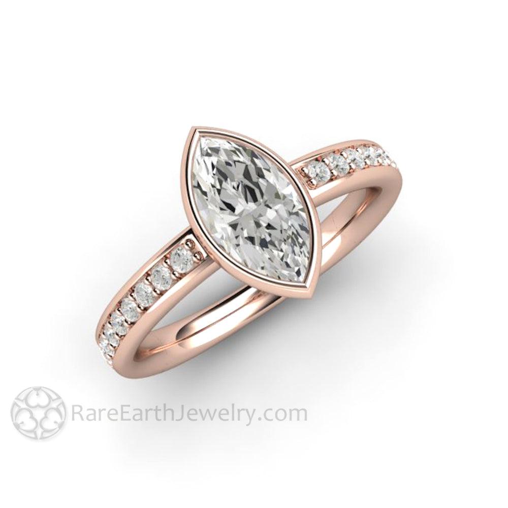 Marquise Moissanite Bezel Set Engagement Ring | Solitaire with Diamond Accents, Rare Earth Jewelry