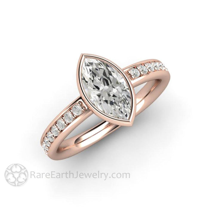 Marquise Moissanite Bezel Set Engagement Ring | Solitaire with Diamond Accents, Rare Earth Jewelry