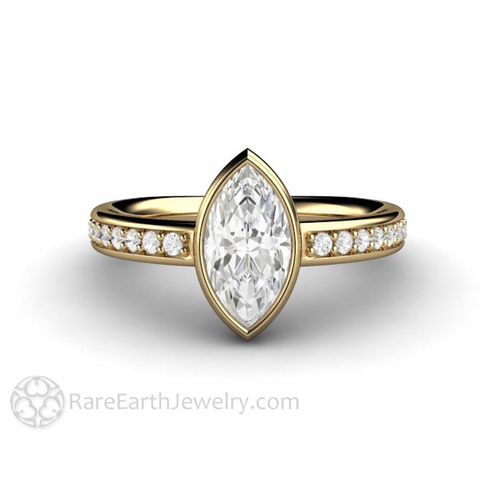 Marquise Moissanite Bezel Set Engagement Ring | Solitaire with Diamond Accents, Rare Earth Jewelry
