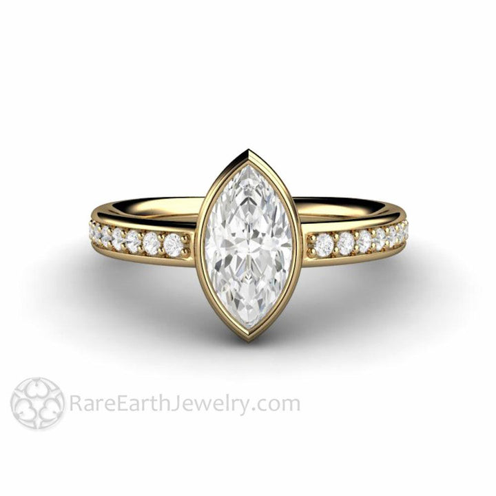 Marquise Moissanite Bezel Set Engagement Ring | Solitaire with Diamond Accents, Rare Earth Jewelry