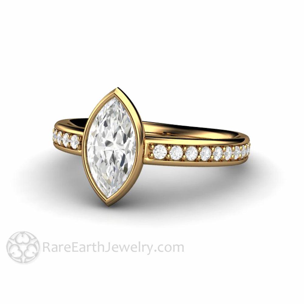 Marquise Moissanite Bezel Set Engagement Ring | Solitaire with Diamond Accents, Rare Earth Jewelry