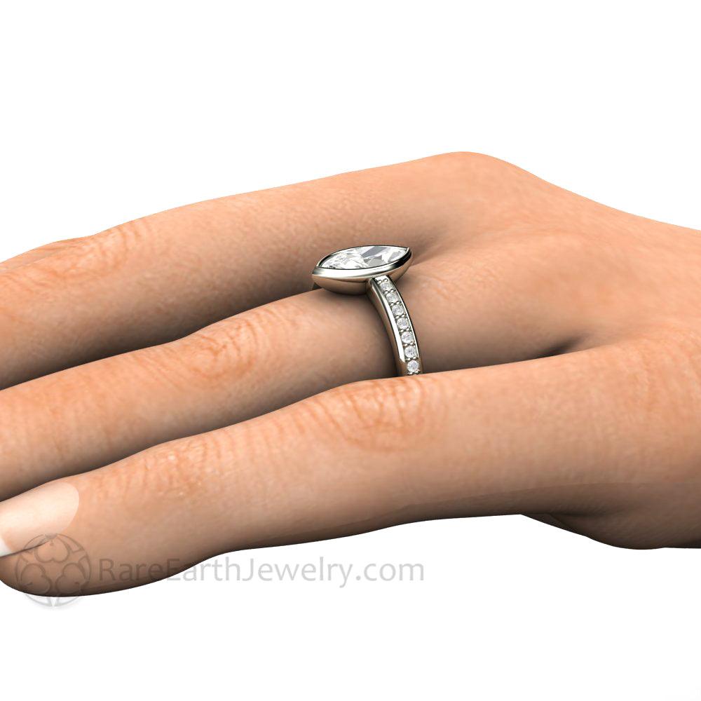 Marquise Moissanite Bezel Set Engagement Ring | Solitaire with Diamond Accents, Rare Earth Jewelry