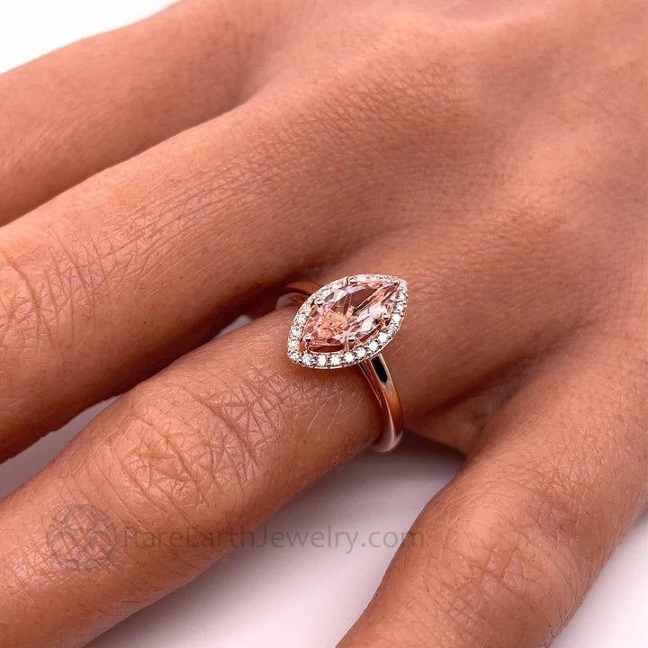 Morganite Marquise Cut Halo Engagement Ring, Rare Earth Jewelry
