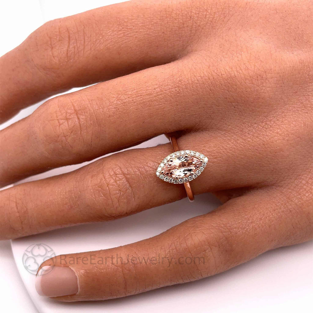 Morganite Marquise Cut Halo Engagement Ring, Rare Earth Jewelry