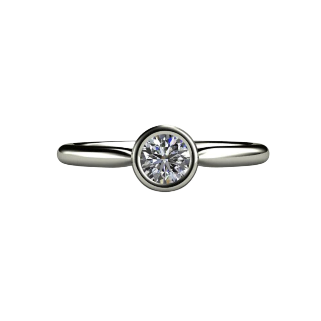 Round Bezel Set Diamond Engagement Ring Simple Solitaire, Rare Earth Jewelry