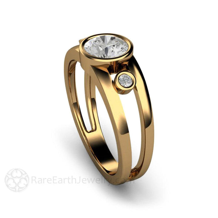 Bezel Set Moissanite Engagement Ring | Split Shank 3 Stone Modern Design, Rare Earth Jewelry