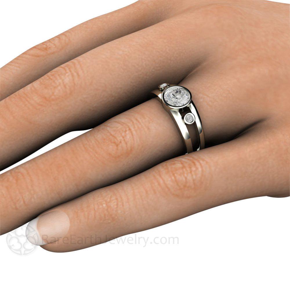 Bezel Set Moissanite Engagement Ring | Split Shank 3 Stone Modern Design, Rare Earth Jewelry