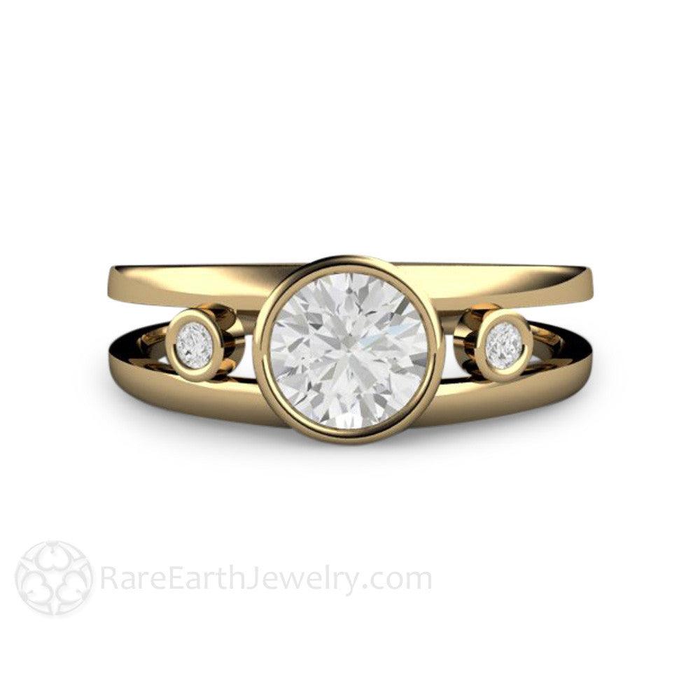 Bezel Set Moissanite Engagement Ring | Split Shank 3 Stone Modern Design, Rare Earth Jewelry