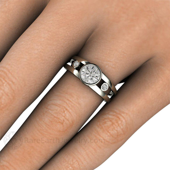Bezel Set Moissanite Engagement Ring | Split Shank 3 Stone Modern Design, Rare Earth Jewelry