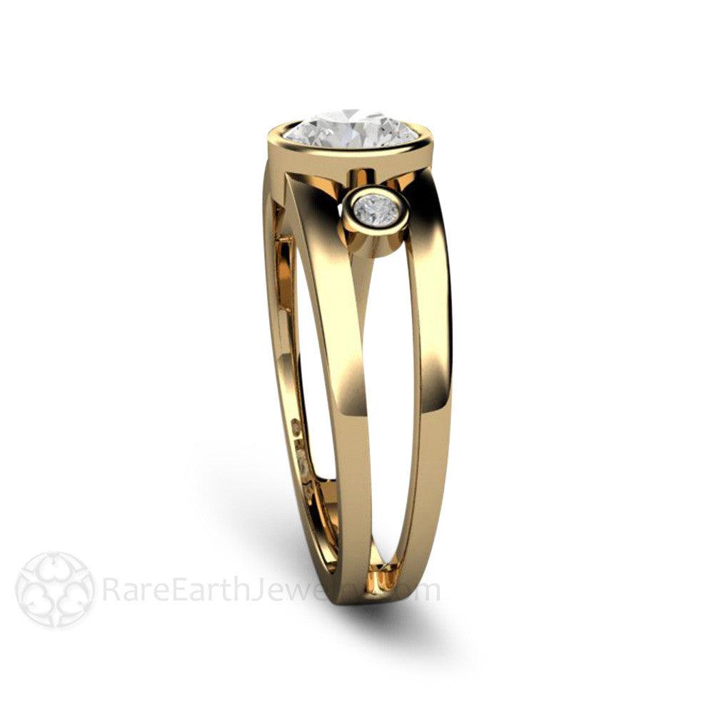 Bezel Set Moissanite Engagement Ring | Split Shank 3 Stone Modern Design, Rare Earth Jewelry