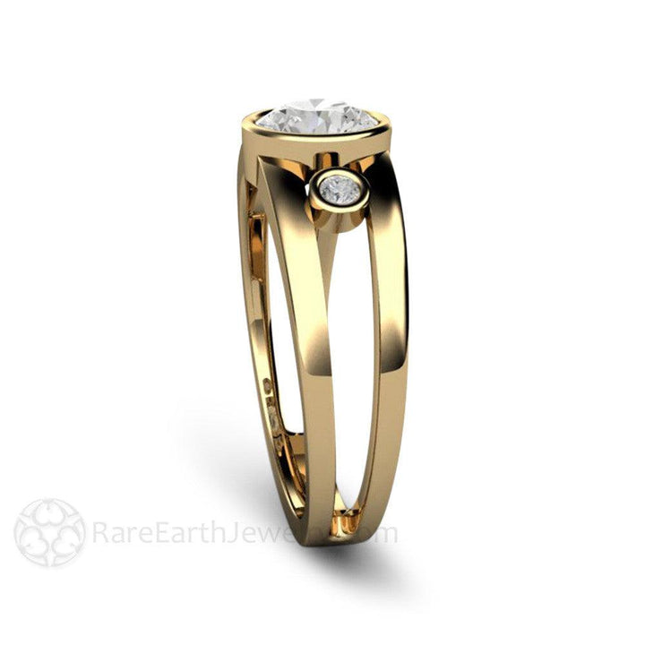 Bezel Set Moissanite Engagement Ring | Split Shank 3 Stone Modern Design, Rare Earth Jewelry