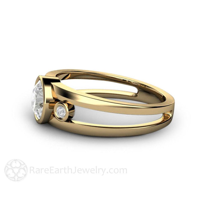 Bezel Set Moissanite Engagement Ring | Split Shank 3 Stone Modern Design, Rare Earth Jewelry
