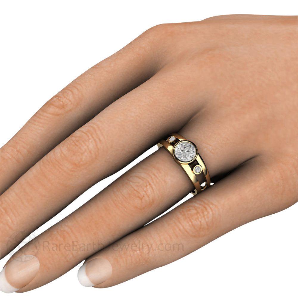 Bezel Set Moissanite Engagement Ring | Split Shank 3 Stone Modern Design, Rare Earth Jewelry