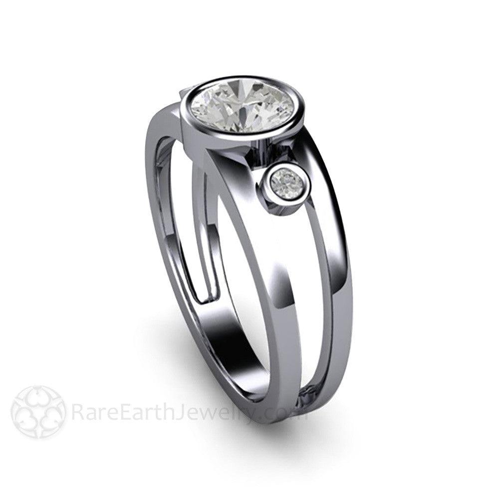 Bezel Set Moissanite Engagement Ring | Split Shank 3 Stone Modern Design, Rare Earth Jewelry