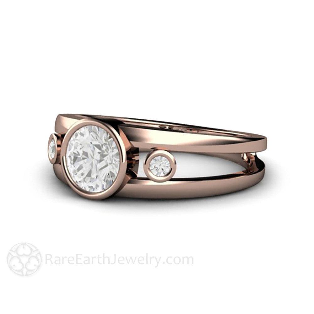 Bezel Set Moissanite Engagement Ring | Split Shank 3 Stone Modern Design, Rare Earth Jewelry