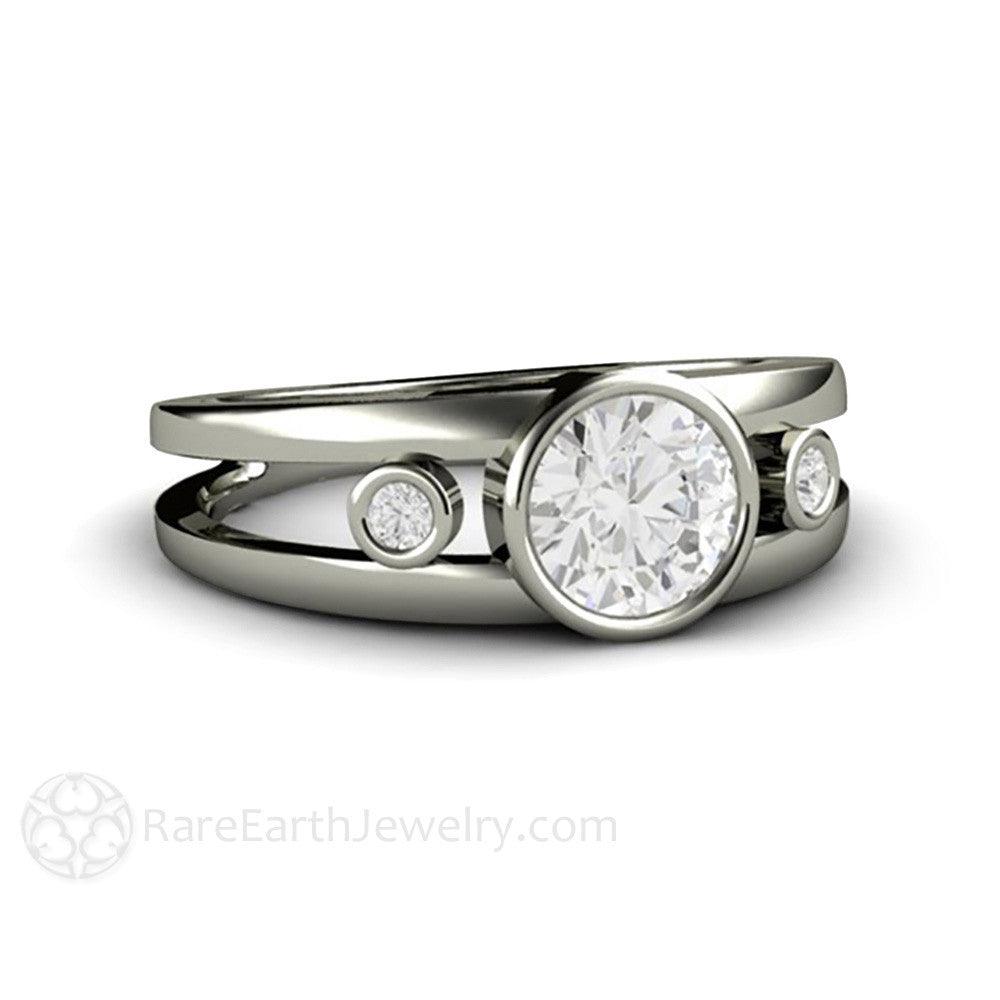 Bezel Set Moissanite Engagement Ring | Split Shank 3 Stone Modern Design, Rare Earth Jewelry